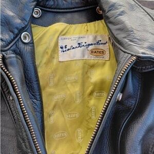 Bates Black Leather Bomber Jacket with Yellow Lining Vintage 1970s